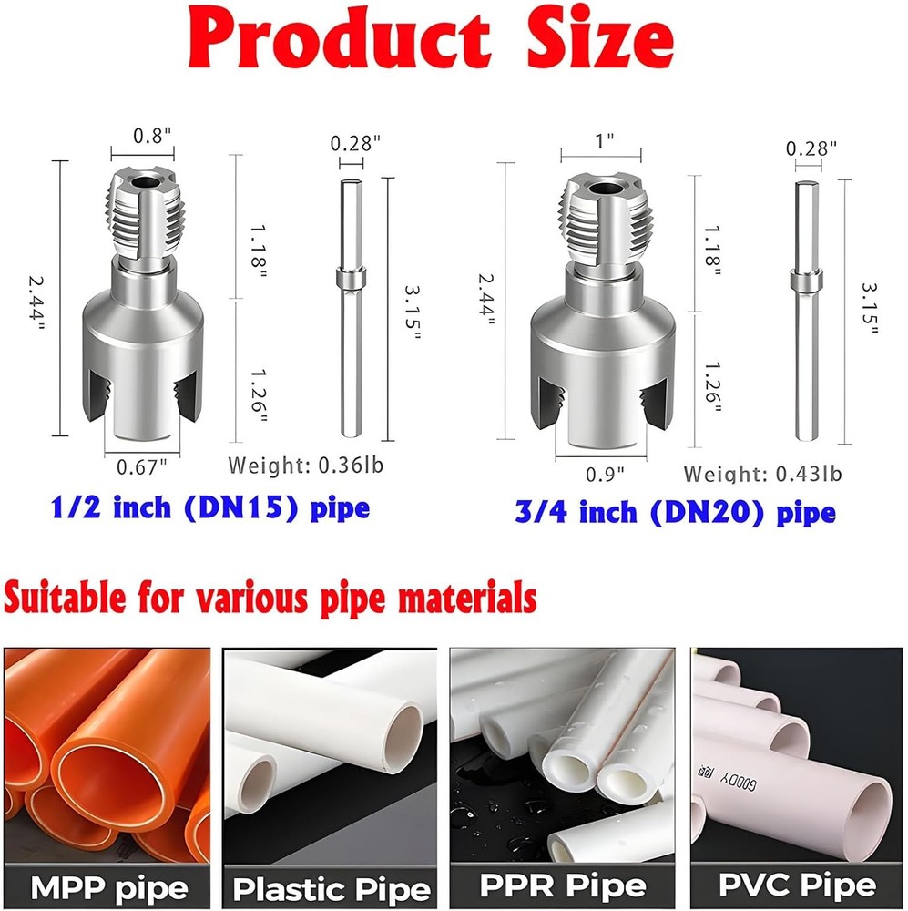PVC Pipe Threader Kit, 3 Piece Set, 1/2" 3/4" NPT Sizes, Dual-Function Internal
