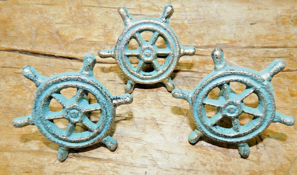 10 Cast Iron NAUTICAL SHIPSWHEEL Style Drawer Pull, Handle Door Handles Beach
