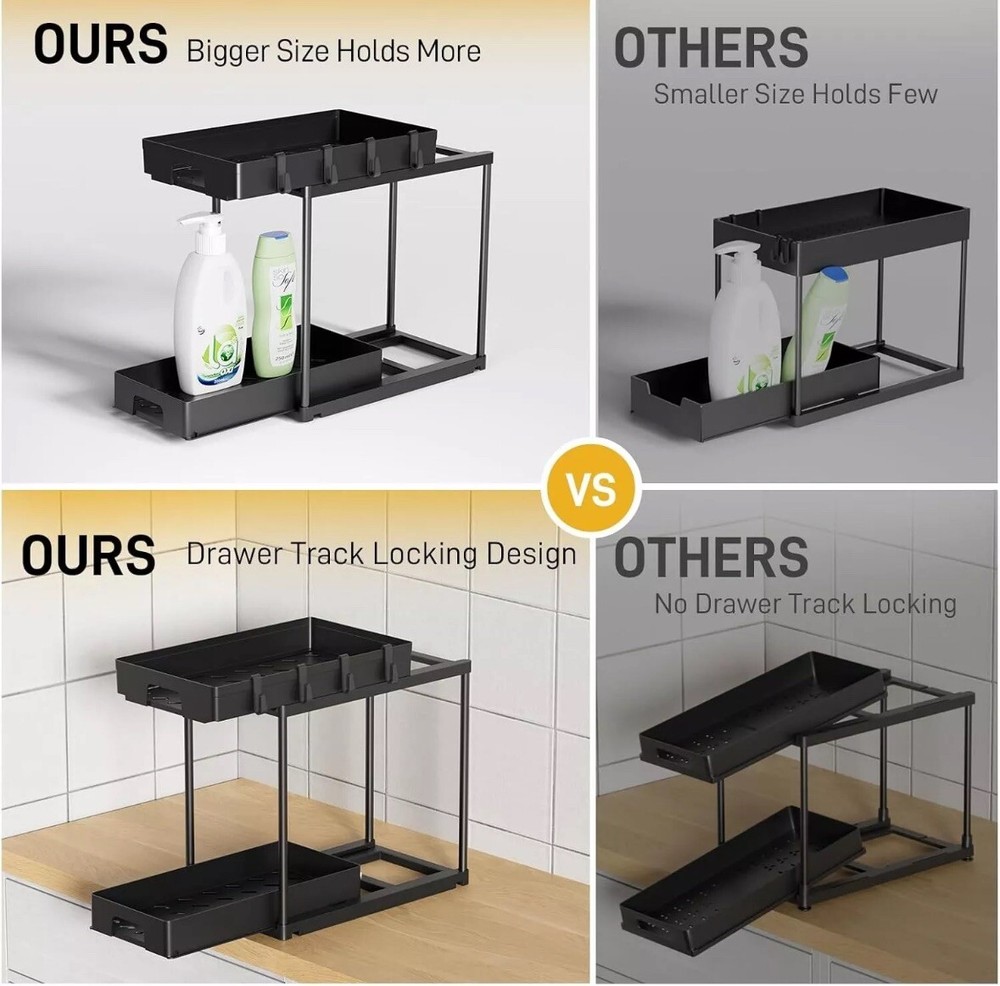 Delamu Under Sink Organizers and Storage, 2 Pack Pull Out Kitchen Black