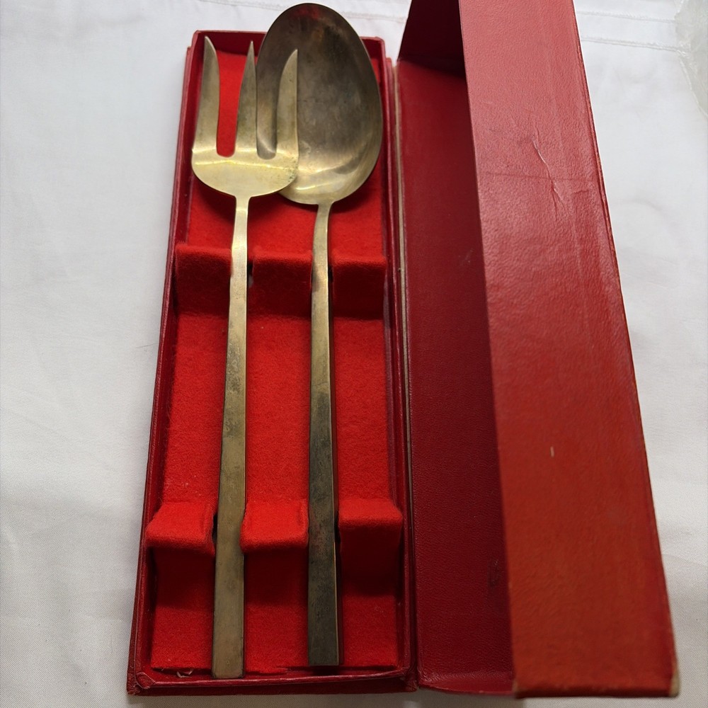 VTG Solid Bronze Servware -Fork & Spoon Hand made In Original Box (11)