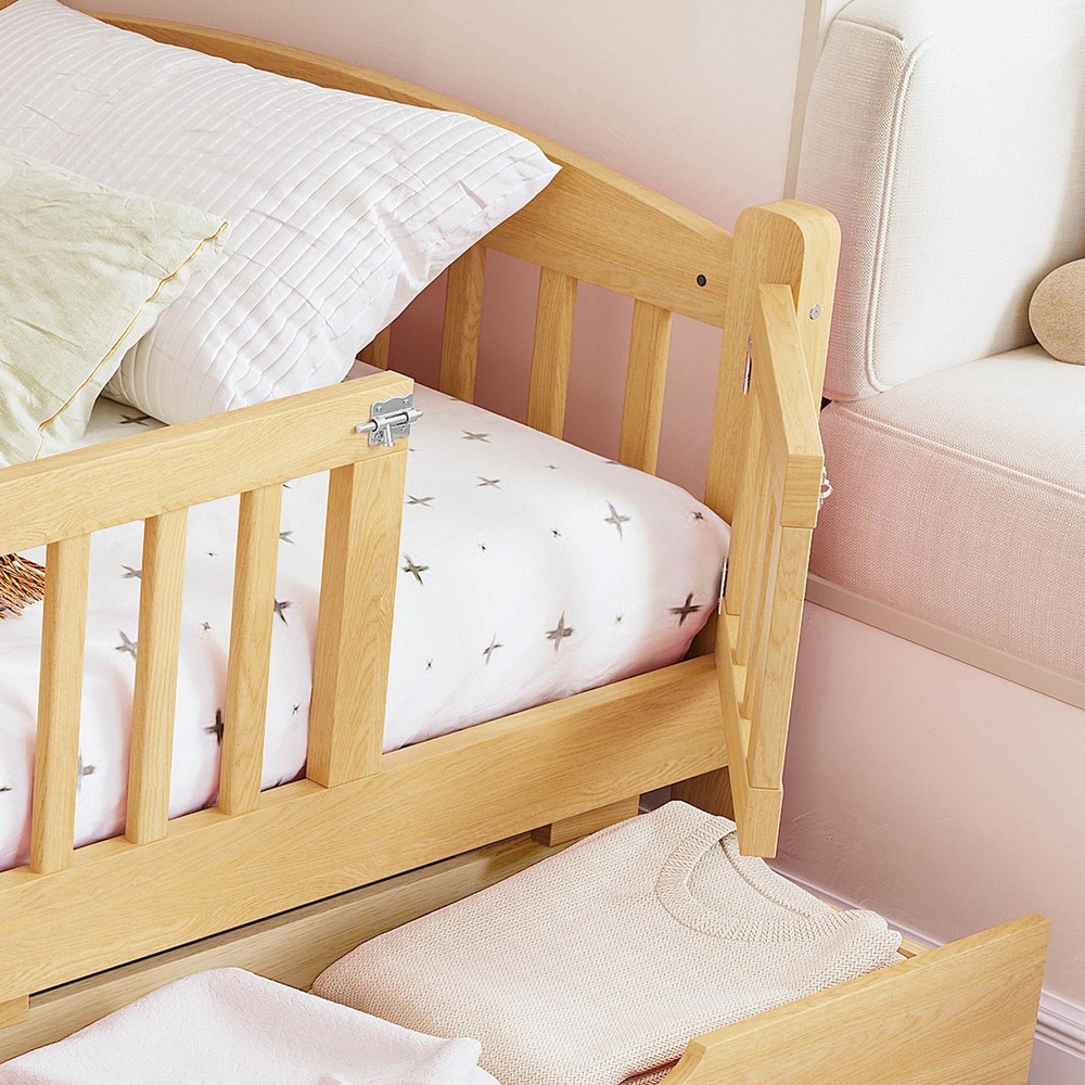 FUNIDEE Twin Platform Bed Frame with Full-length Guardrails & Drawers Natural