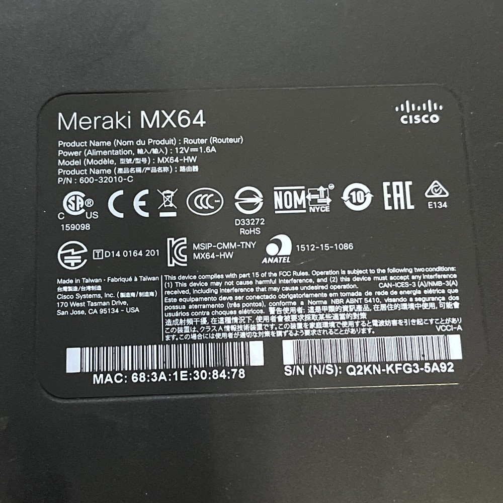 CISCO MERAKI MX64 ROUTER