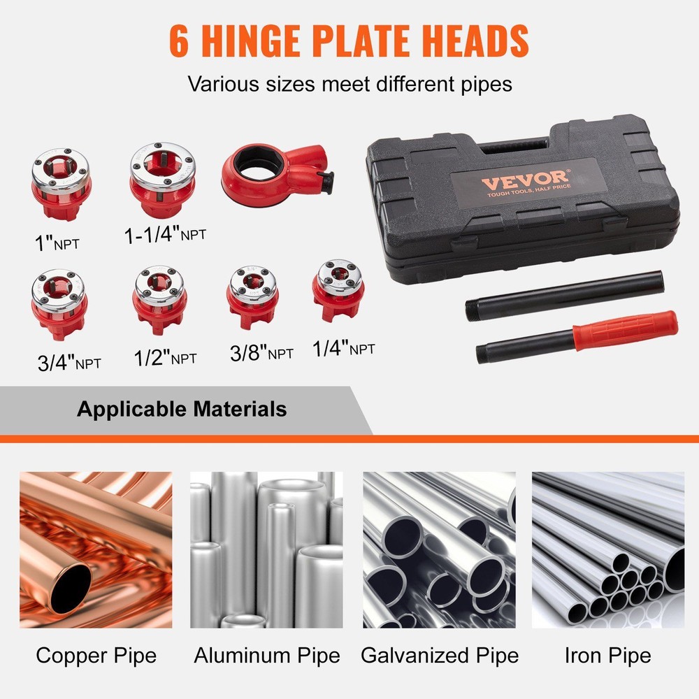 Ratchet Pipe Threader Kit Portable Pipe Threading Tool Set with 6 PCS NPT Dies