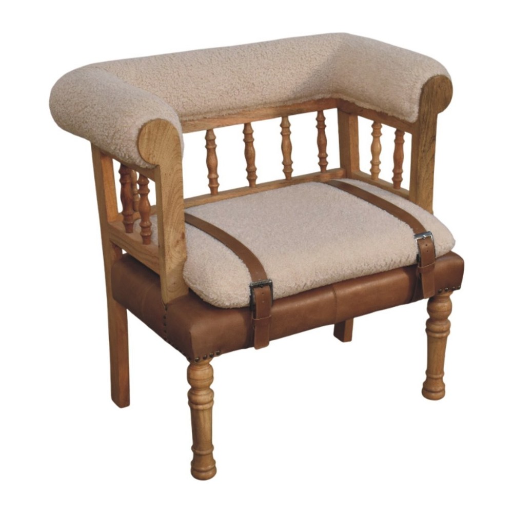 Strapped Boucle and Leather Hallway Bench