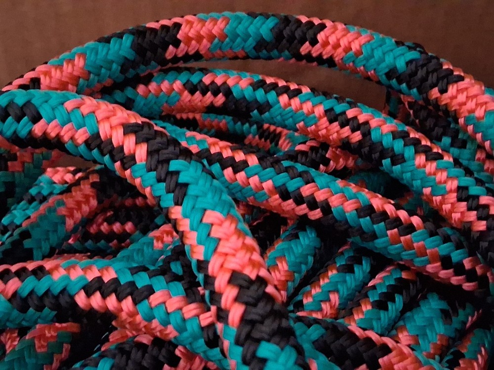 9/16 x 100 ft. Double Braid-Yacht Braid Polyester Rope. Pink/Turquoise/Black