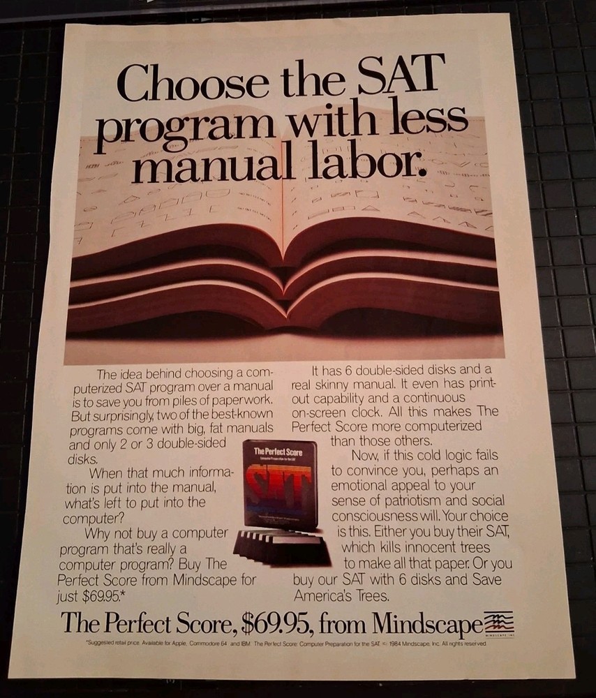 Sat Prep Mindscape Computer Program Vintage Print Ad 8x11 1980s