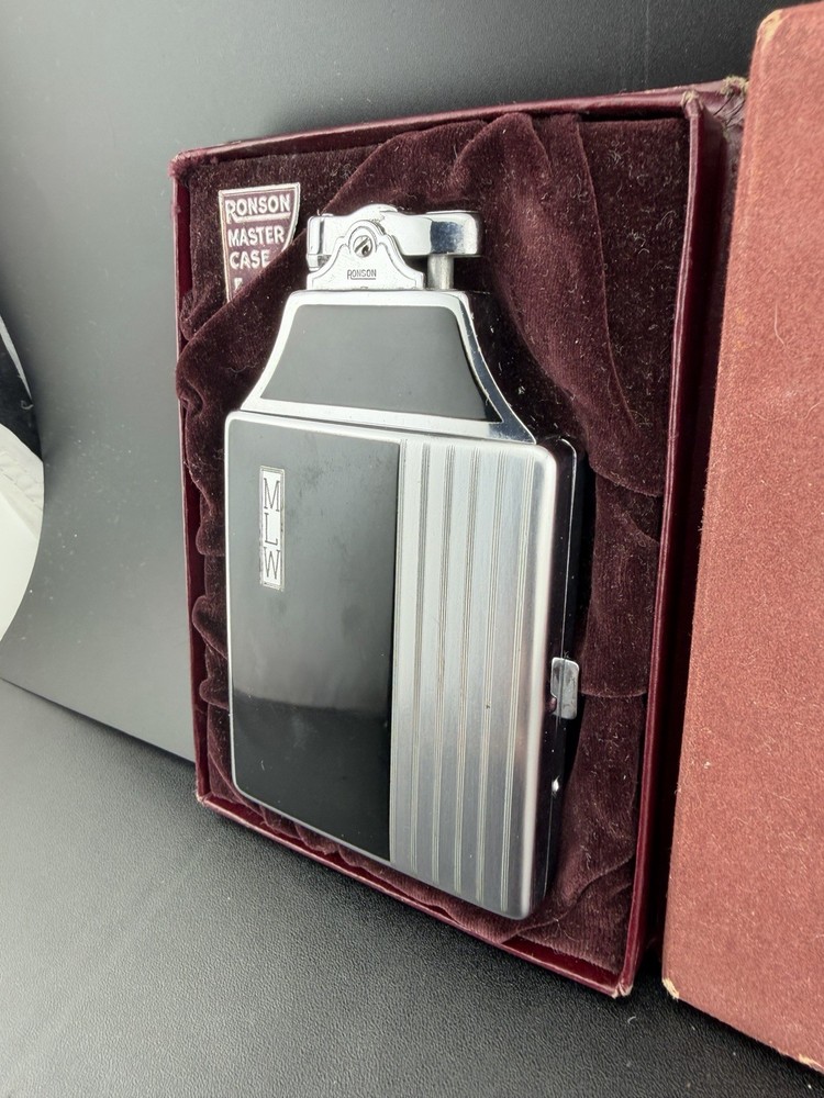 Ronson Mastercase Cigarette Case Lighter Combo Black Enamel Art Deco UNTESTED