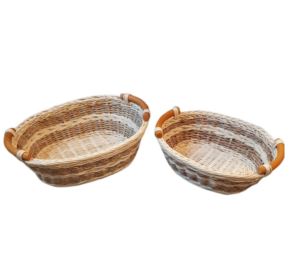 2 Oval Wicker Serving Baskets Wood Handles