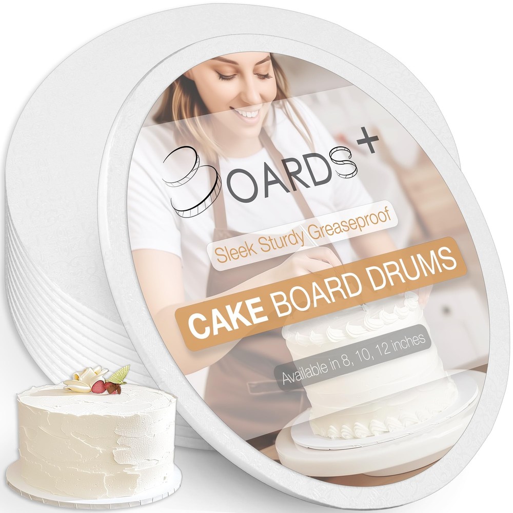 BOARDS+ Thin Cake Drum 8 Inch 10 Pack | 0.25" Thick Rounds | Sturdy Seamless ...