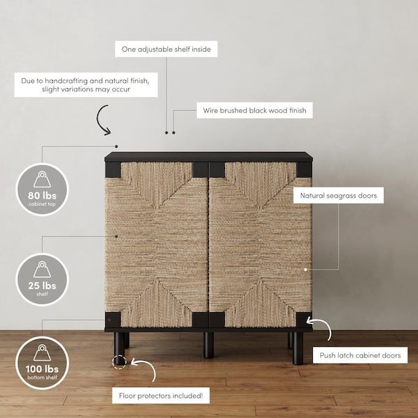 Nathan James Accent Cabinet Black Seagrass Doors Sideboard Storage Buffet