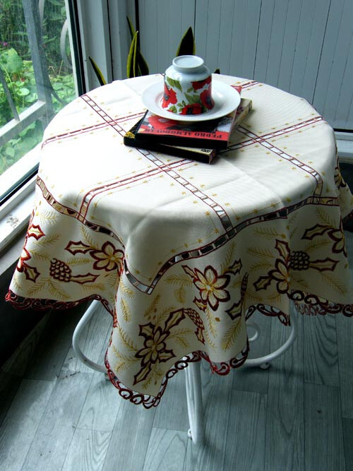 Elegant Beige Embroidered Polyester Square Tablecloth Xmas 33" Cutwork