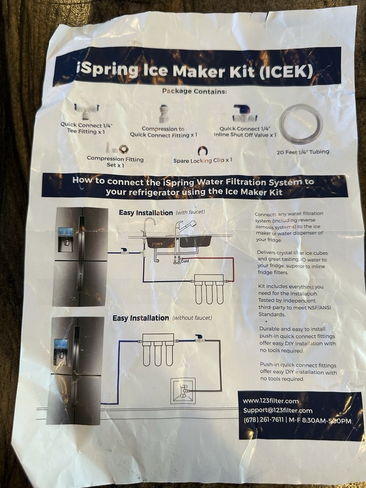 ICEK ISPRING CONNECT SPRING WATER FILTRATION SYSTEM REFRIGERATOR ICE MAKER KIT