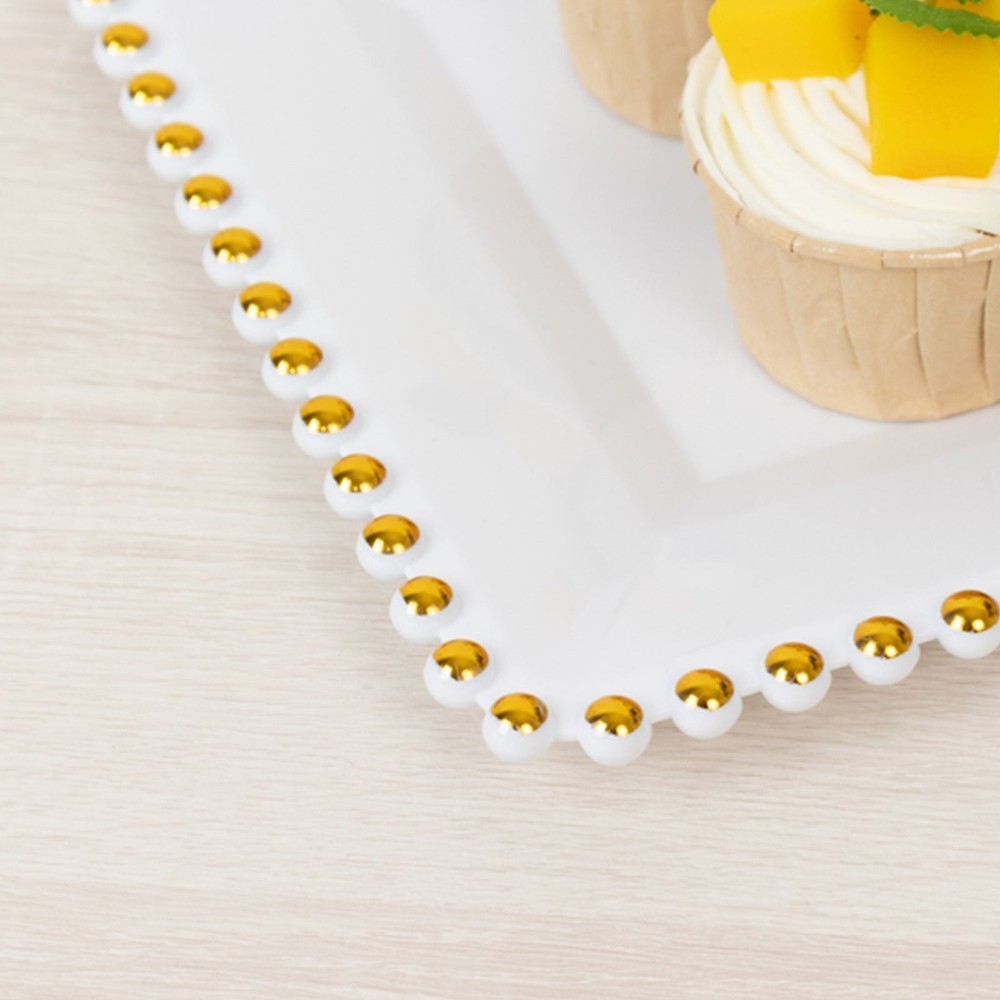 6 White with Gold Rectangular Acrylic Serving Trays with Gold Beaded Rim