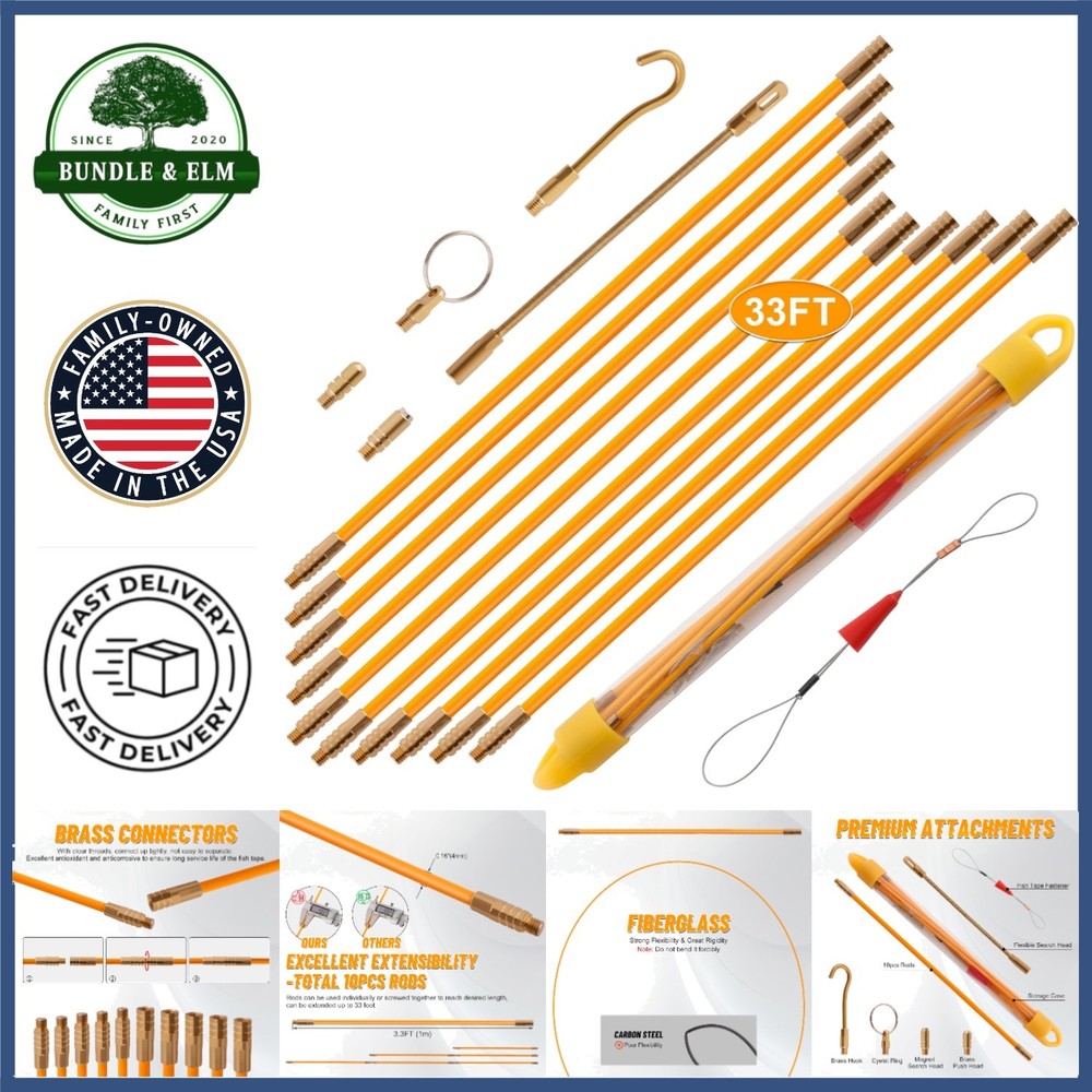 33FT Wire Puller Rods with Durable Fiberglass Material and Multiple Attachments