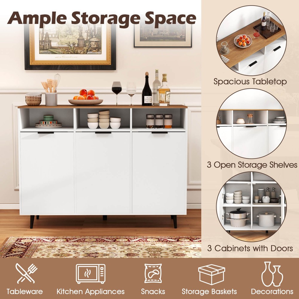 Buffet Sideboard w/3 Open Compartments 3 Doors 5-Posistion Adjustable Shelves