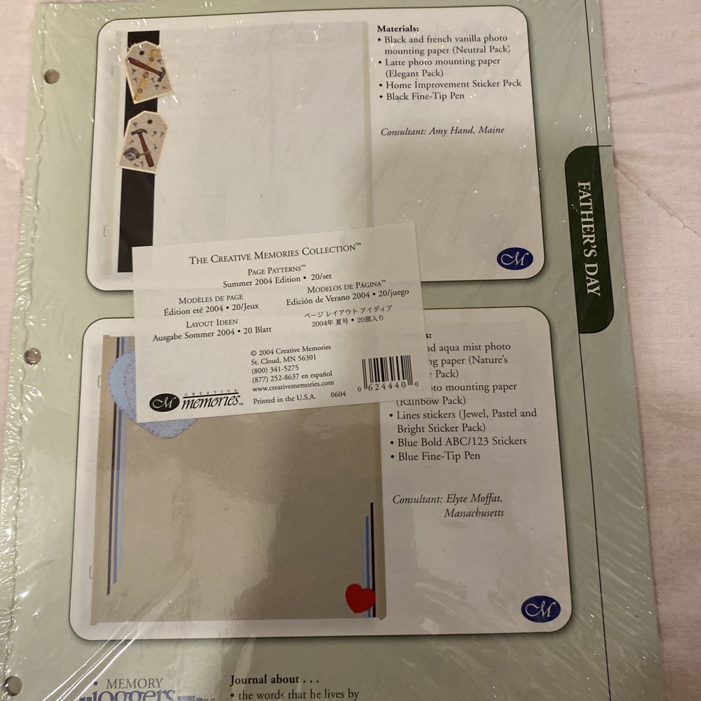 CM Creative Memories Collection Page Patterns 2004 Fathers Day Memory Joggers