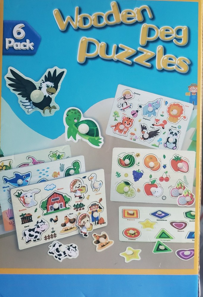 6 Pack Wooden Peg Puzzles: Ages 36 Months +