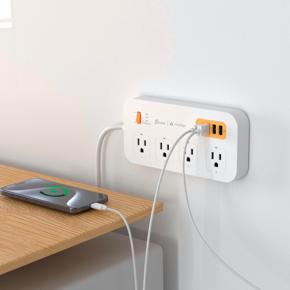 j5create - 4-Outlet/3-USB-A/1-USB-C 500J Smart Matter Enabled Surge Protector...