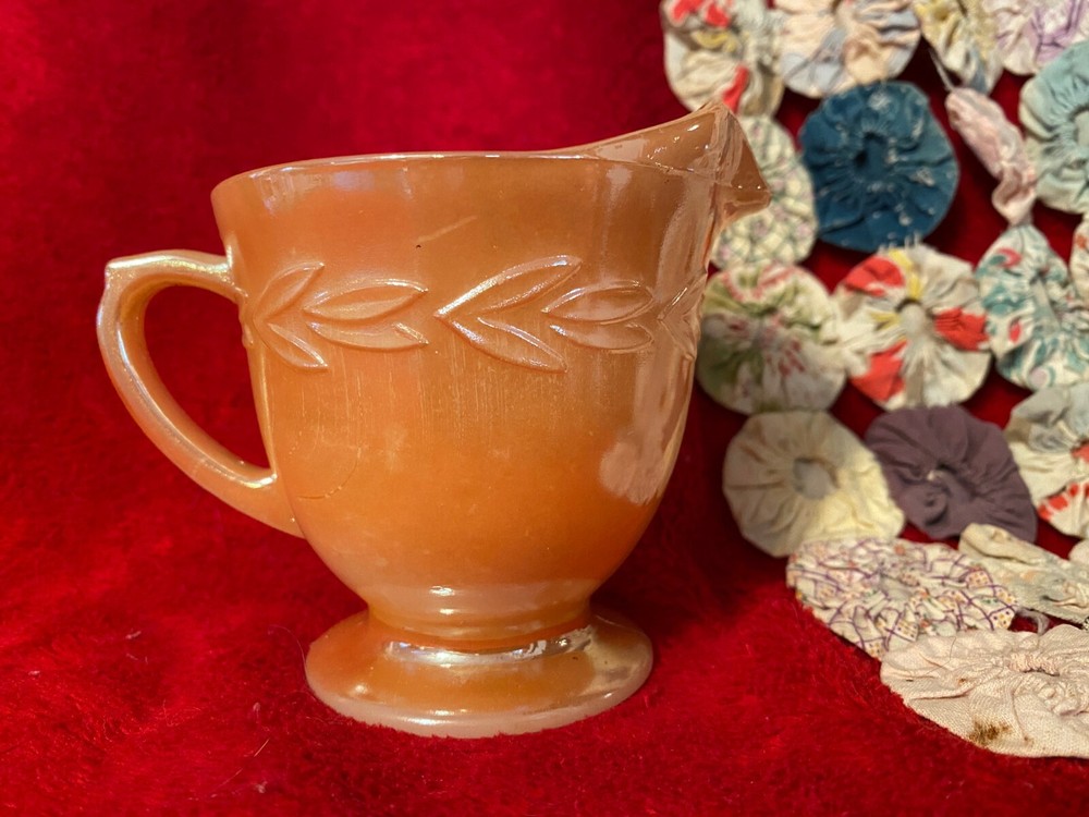 Vintage Fire King Peach Lusterware Glass Creamer & Bowl Laurel Leaf Pattern
