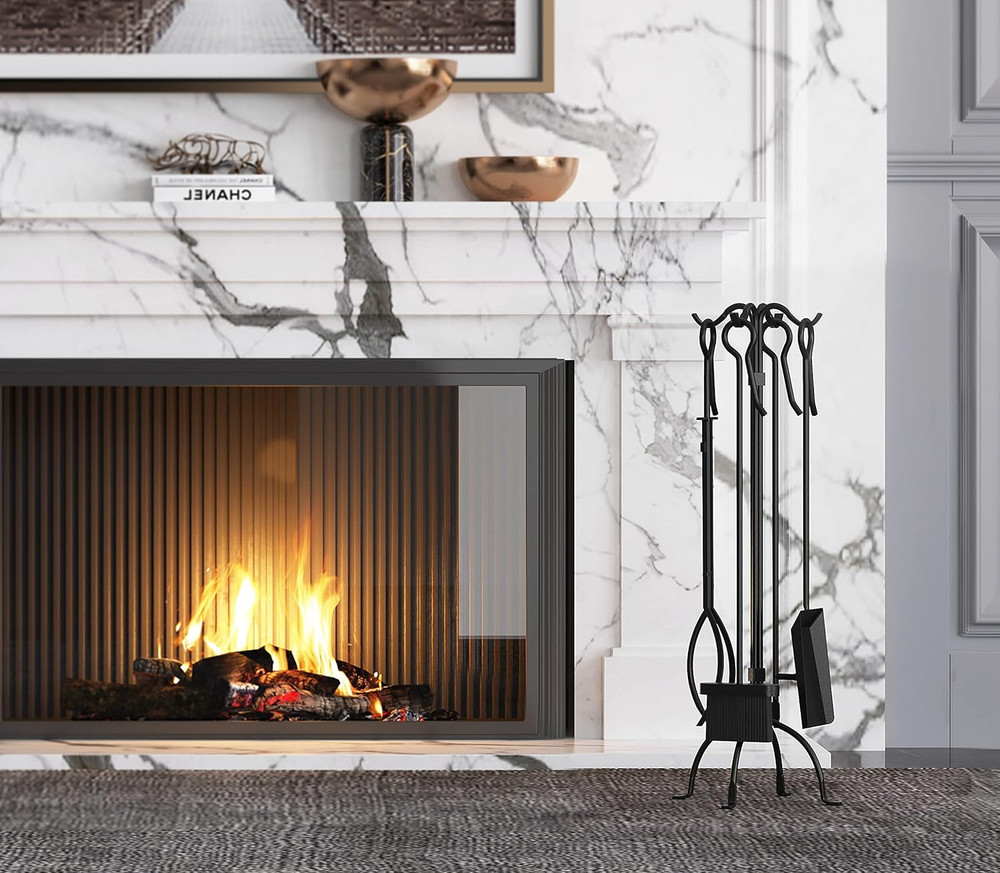 5-Piece Fireplace Tools Set, Heavy Duty Wrought Iron Fire Place Toolset, Black