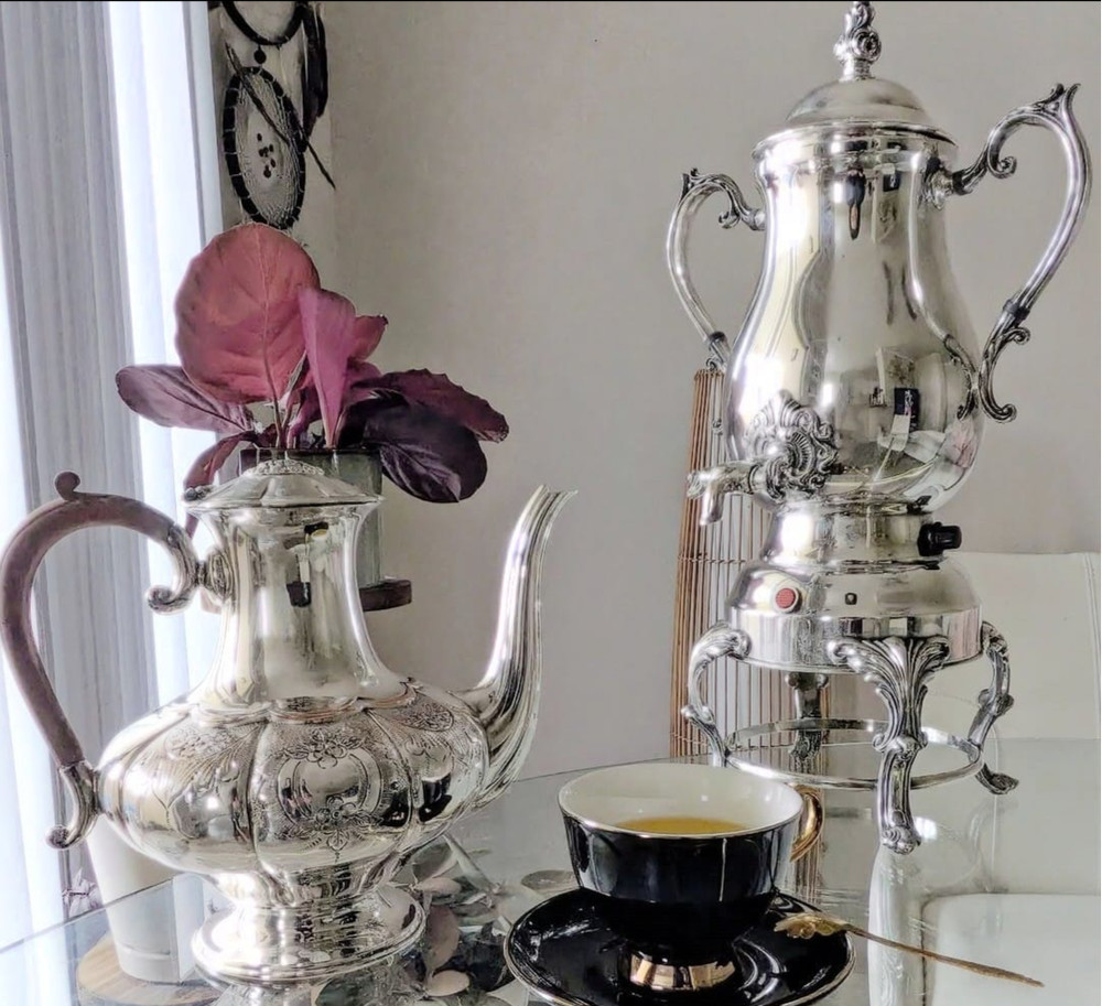 Vintage silverplate electric coffe server FB Rogers  &  Victorian samovar 2 pc
