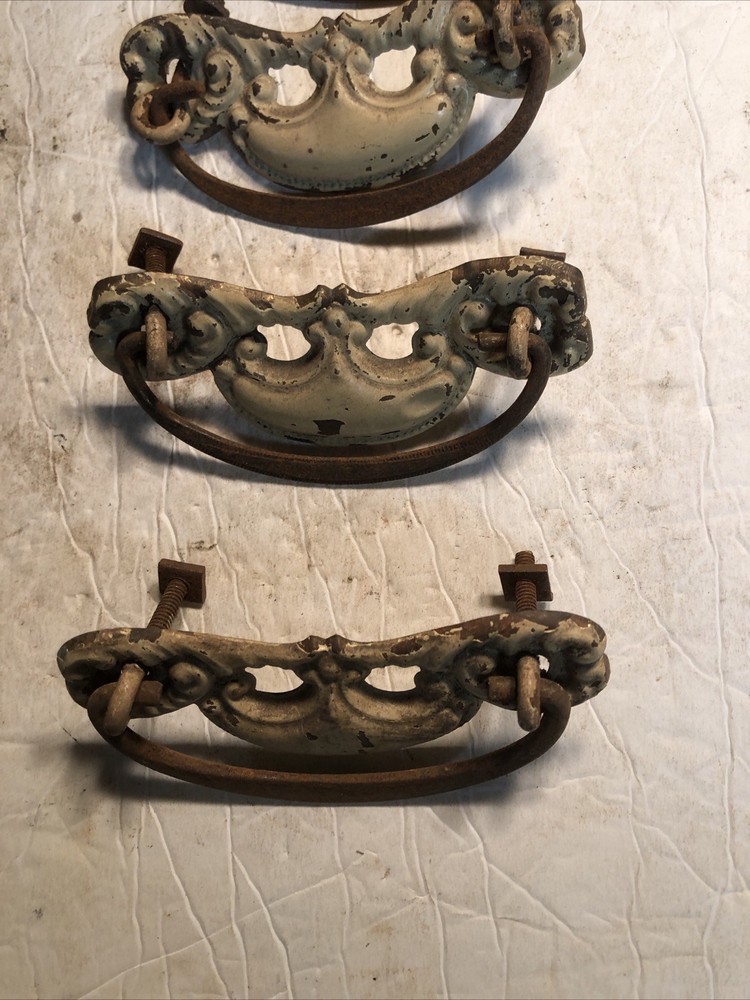 4 ANTIQUE Brass DRAWER PULLS VICTORIAN DROP HANDLE 3” centers—Shabby Chic