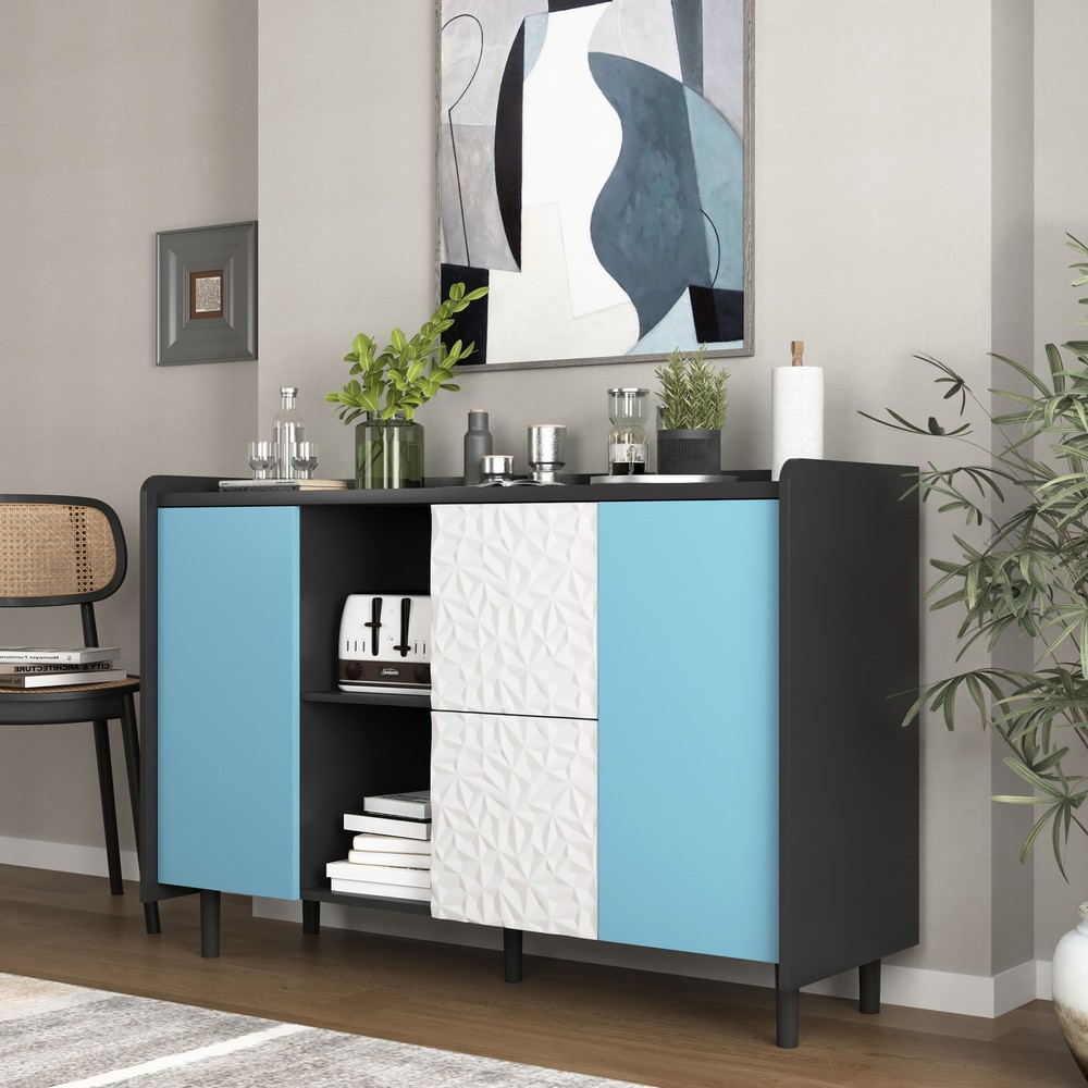 Kitchen Sideboard Accent Buffet Cabinet 2 Drawers Doors Coffee Bar Open Storage