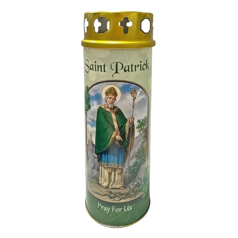 Religious Pillar Candle and Windproof Cap And Prayer - Saint Patrick