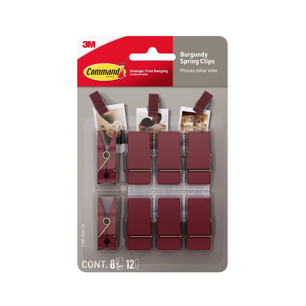Command Spring Clips 8 Hooks and 12 Strips Burgundy *NEW* 3M