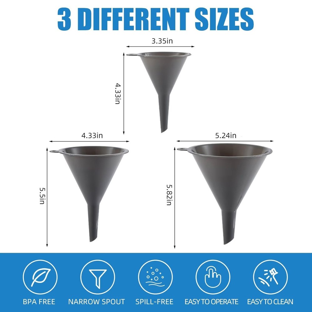 Plastic Kitchen Funnel Set 3 Round Filling Bottles Durable Multifunctional Gray