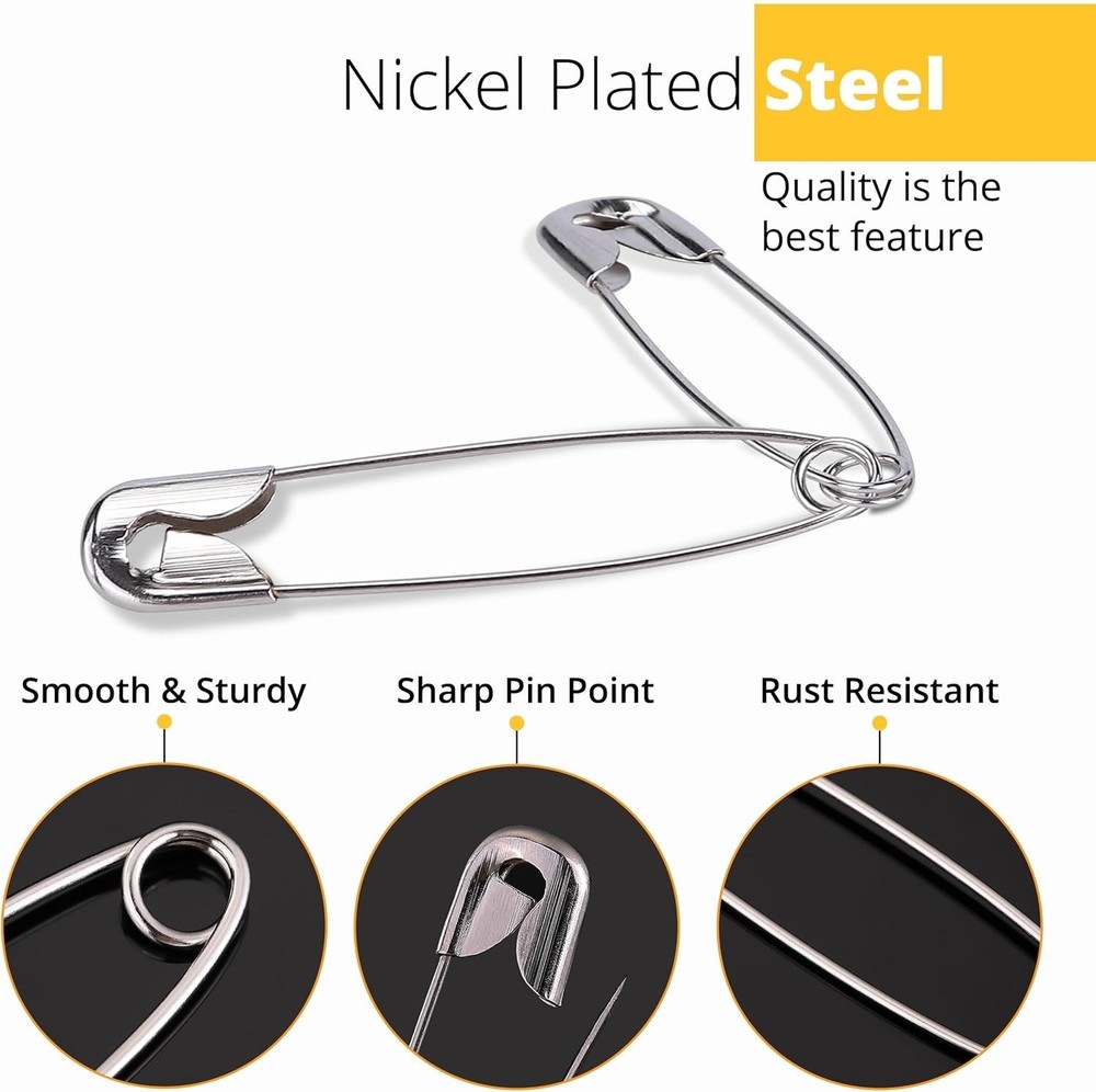300 Pack Safety Pins Assorted, 4 Sizes, Silver, Steel