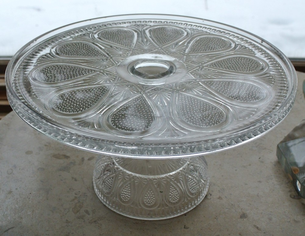 Vintage Pressed Clear Glass Cake Stand "Dotted Loop Pattern"