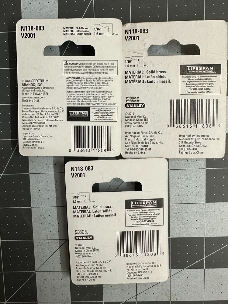 3-pack 2/PC National Hardware N118-083 Solid Brass Hook & Eye 1-1/2"