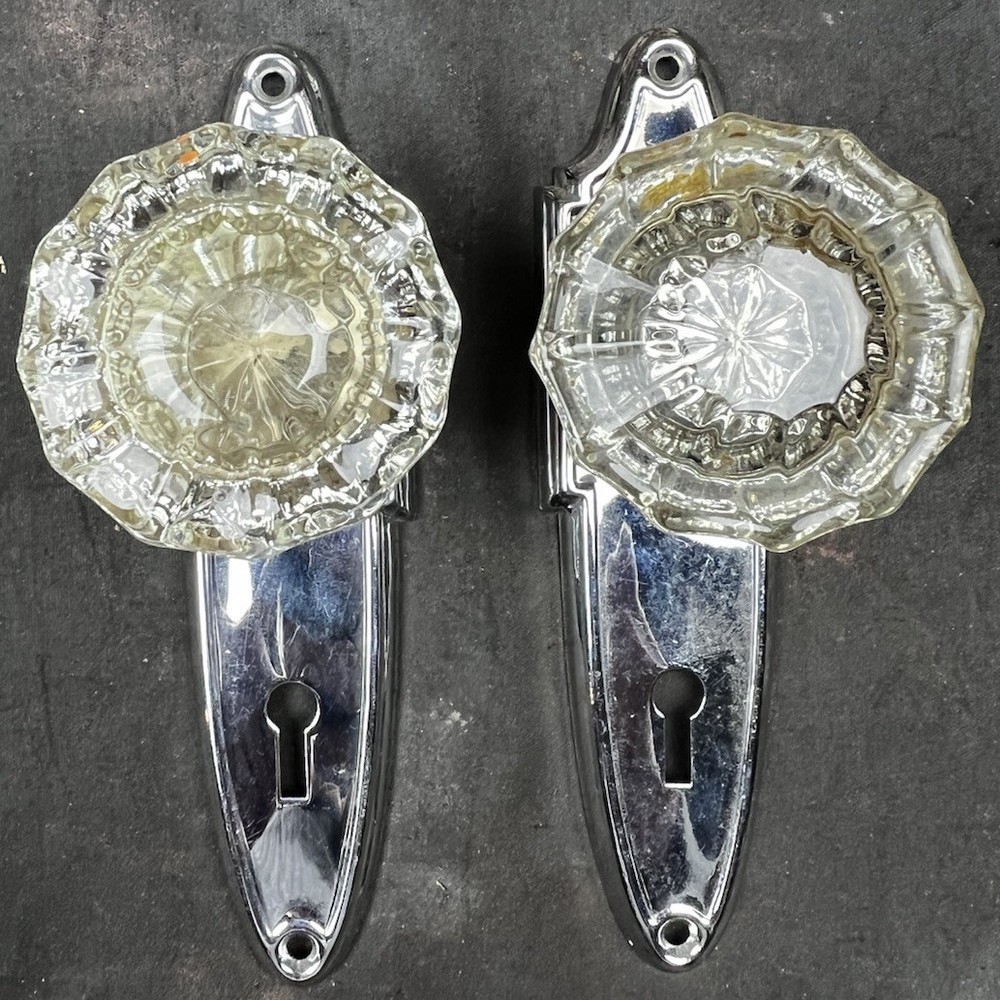 Art Deco Nickel Plated Brass Passage Set Knobs, Plates, Mortise Glass Knobs