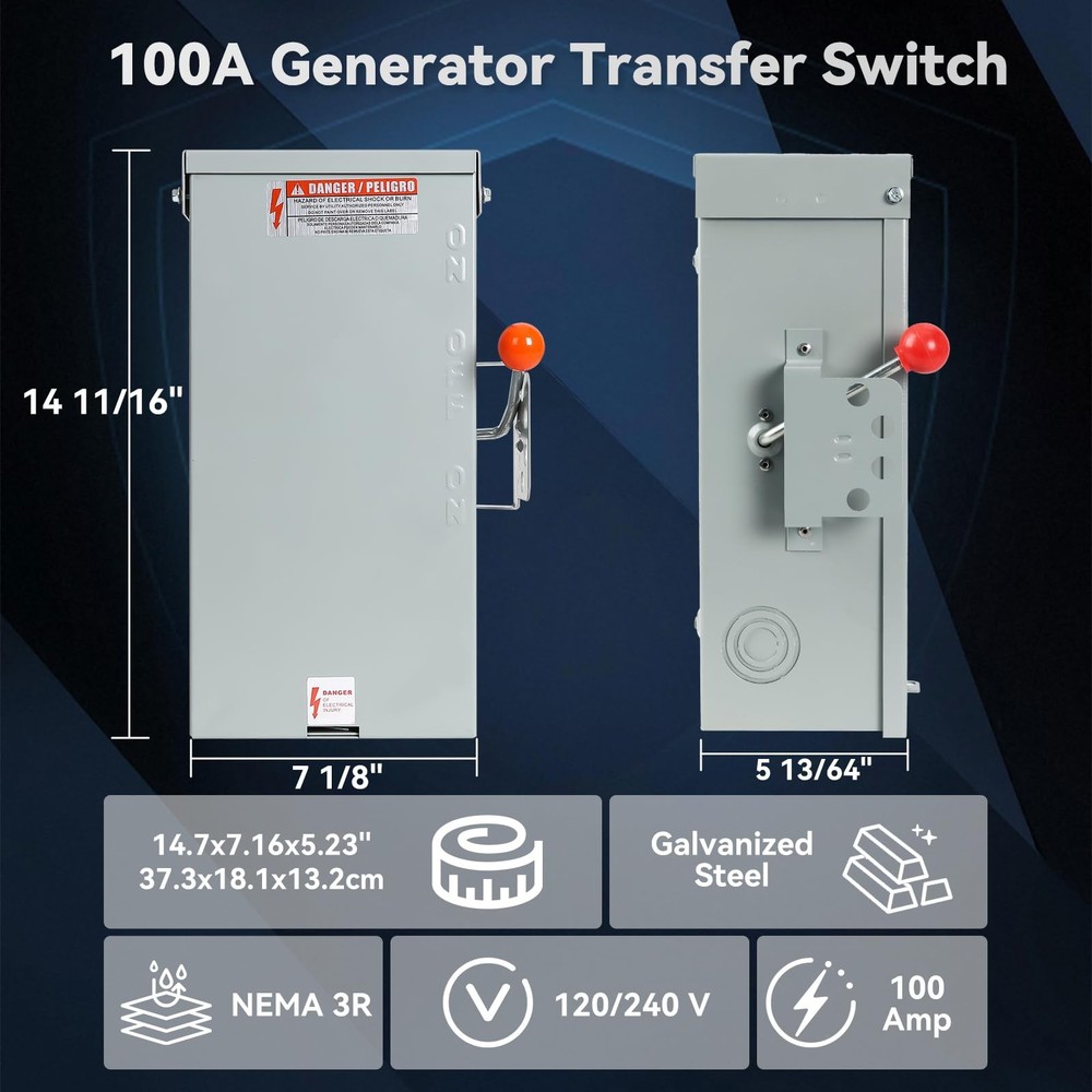 100A Generator Transfer Switch,24000W General-Duty Double-Throw Safety...