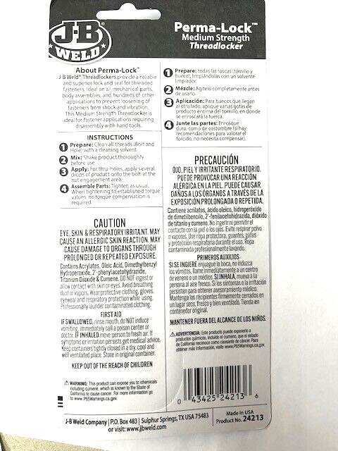 JB WELD MEDIUM STRENGTH BLUE THREADLOCKER PERMA-LOCK .44 OZ 24213