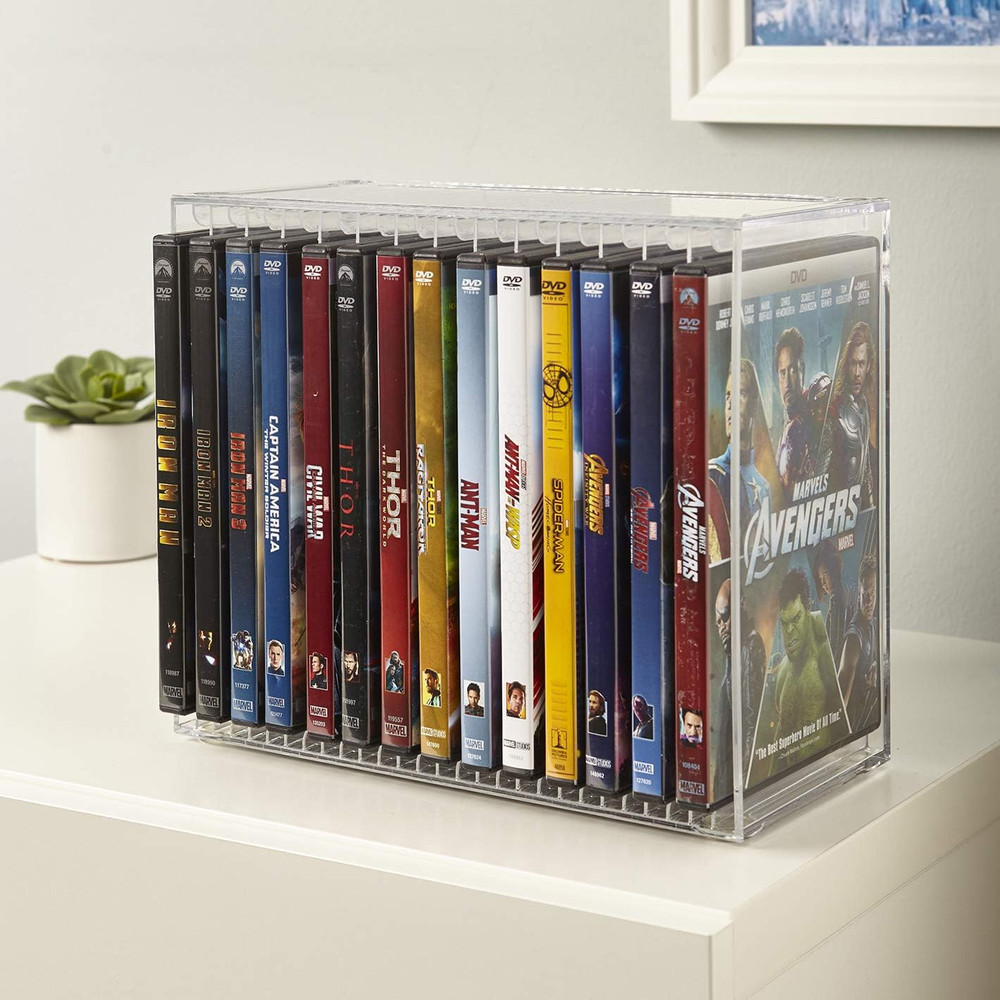 Stackable Clear Plastic DVD Organizer with Rubber Feet | Rectangular Holder Perf