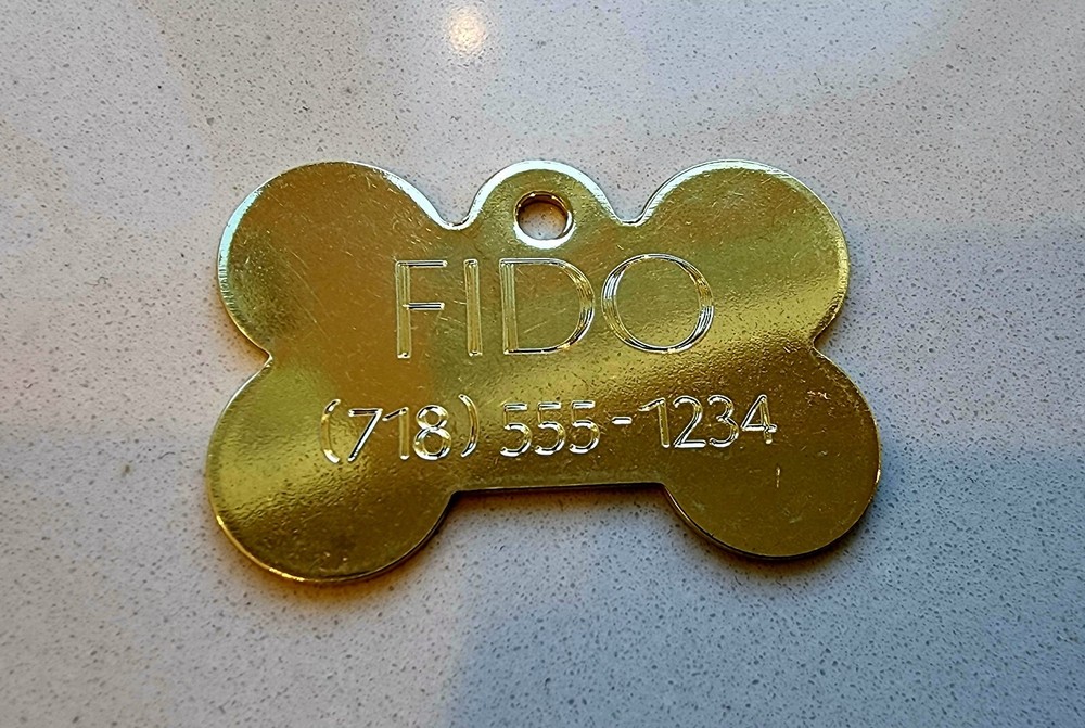 PET TAGS BONE (4.0cm) ID SOLID BRASS 2 SIDE DIAMOND ENGRAVE DOG CAT NAME TAG