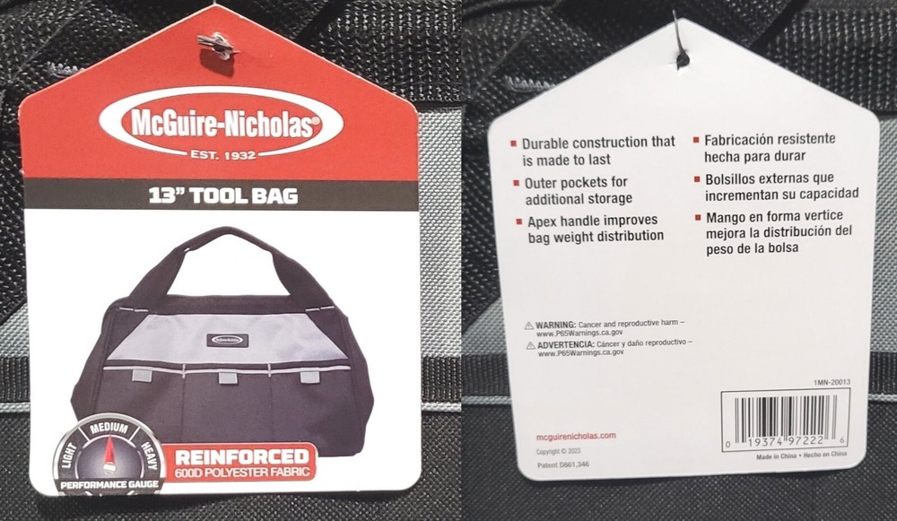 New McGuire-Nicholas 13in Tool Bag 3 outer pockets High Quality HD Polyester