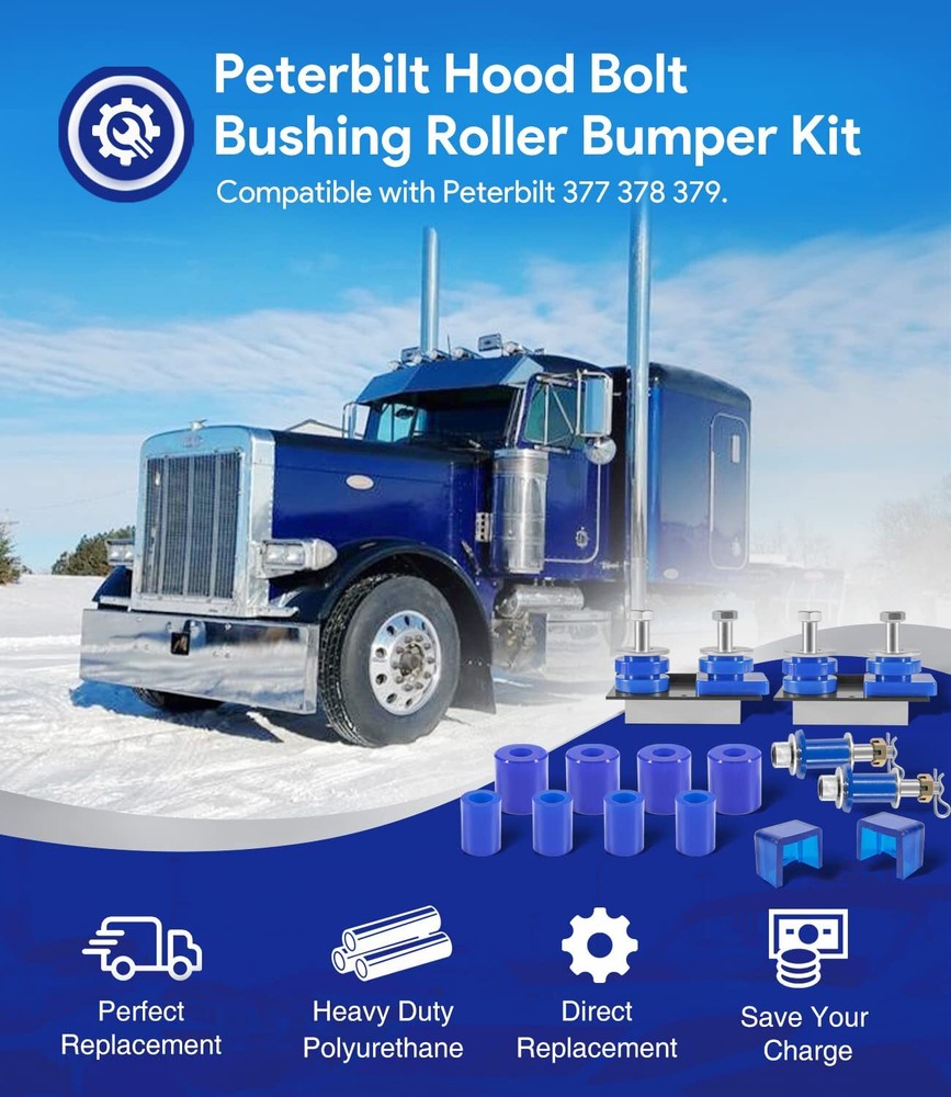 Hood Roller Bushing Kit + Engine Hood Hinge Pivot Bolt Bushing for Peterbilt 379