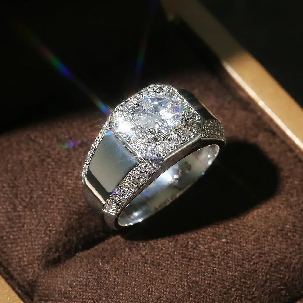 925 Sterling Silver Men AAA Crystal Zircon Stone Wedding Ring