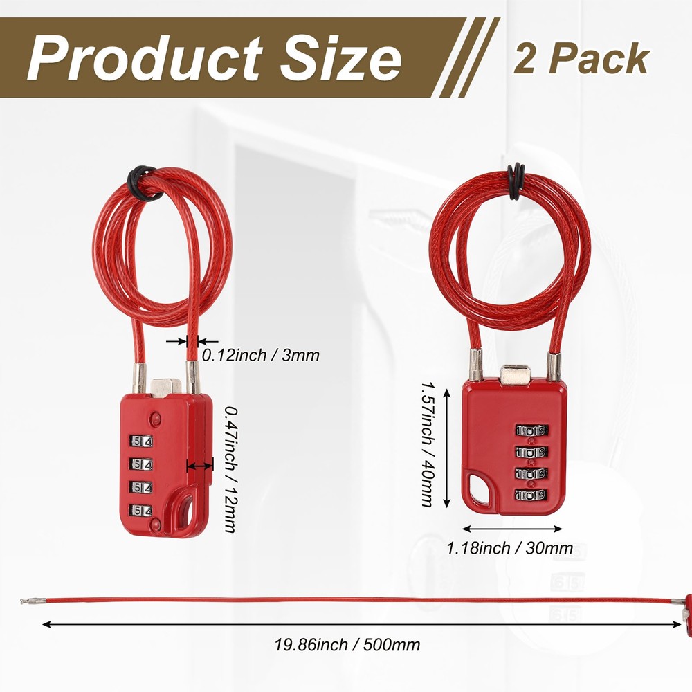 2-Pack Combination Padlock, 4 Digit 20 in Cable Luggage Lock [Red]