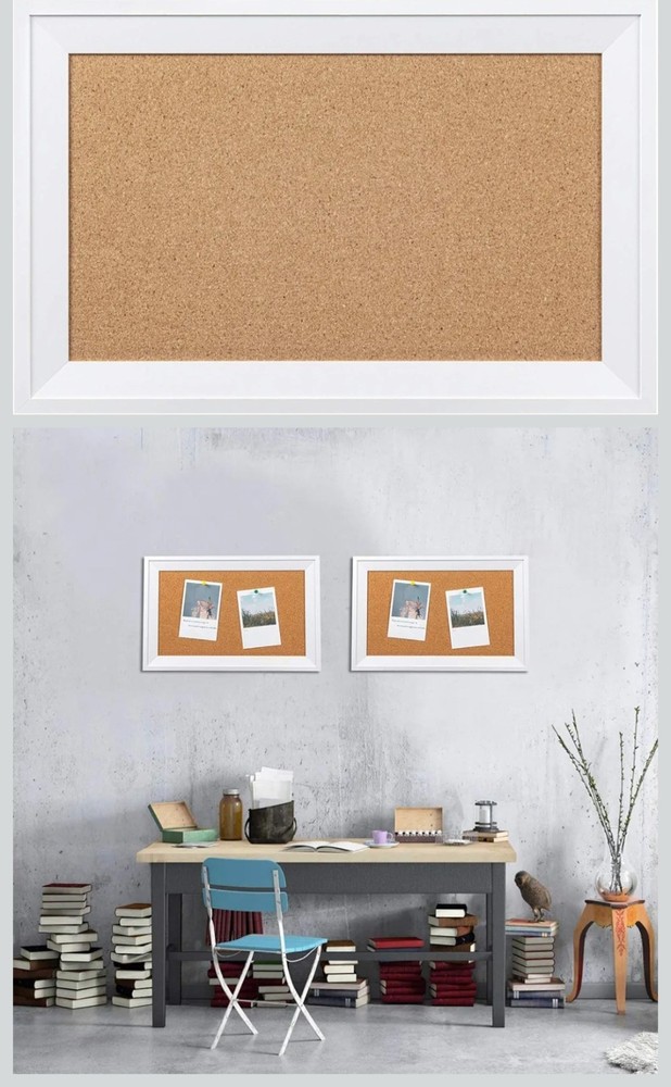 Modern White Framed Cork Bulletin Board Rectangle with Push Pins & Mounting Kit