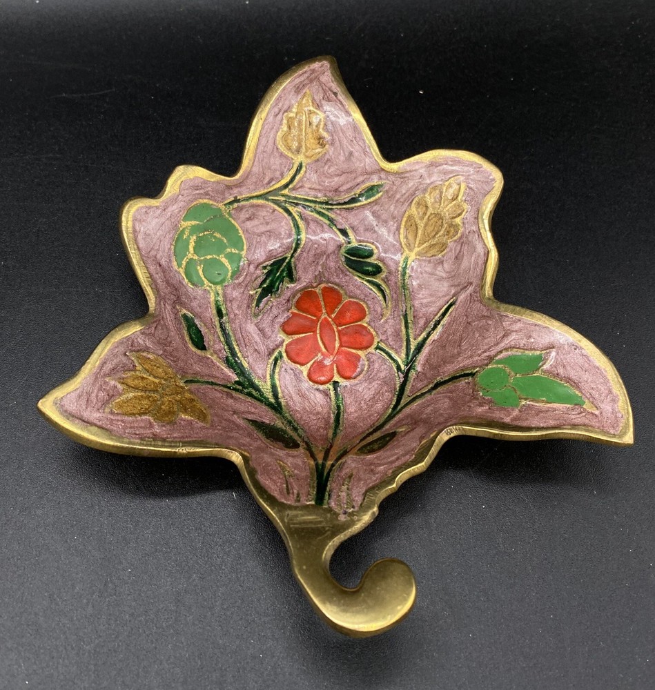 Enameled Brass 6” Maple Leaf Dish Tray Floral Design