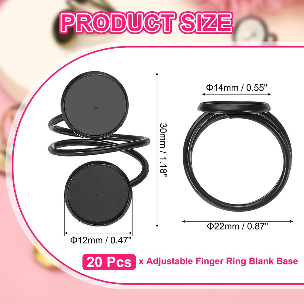 Ring Blank, 20 Pcs Adjustable Finger Ring Blank Base 12mm, Black