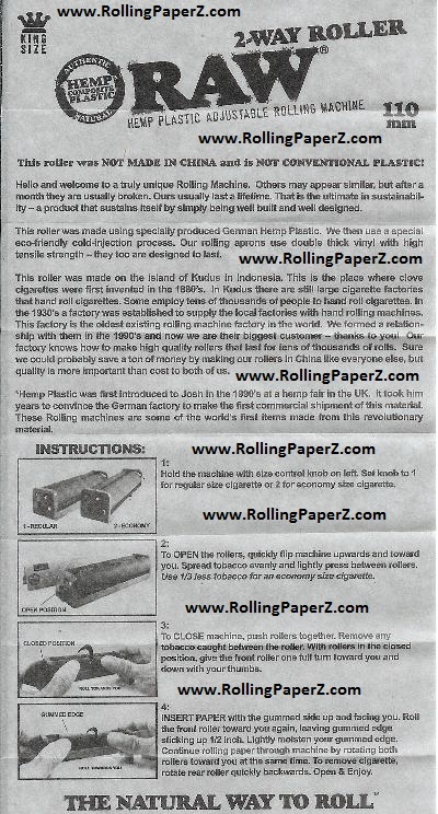 RAW 110mm Hemp Plastic Adjustable 2Way Rolling Machine fits King Size Papers