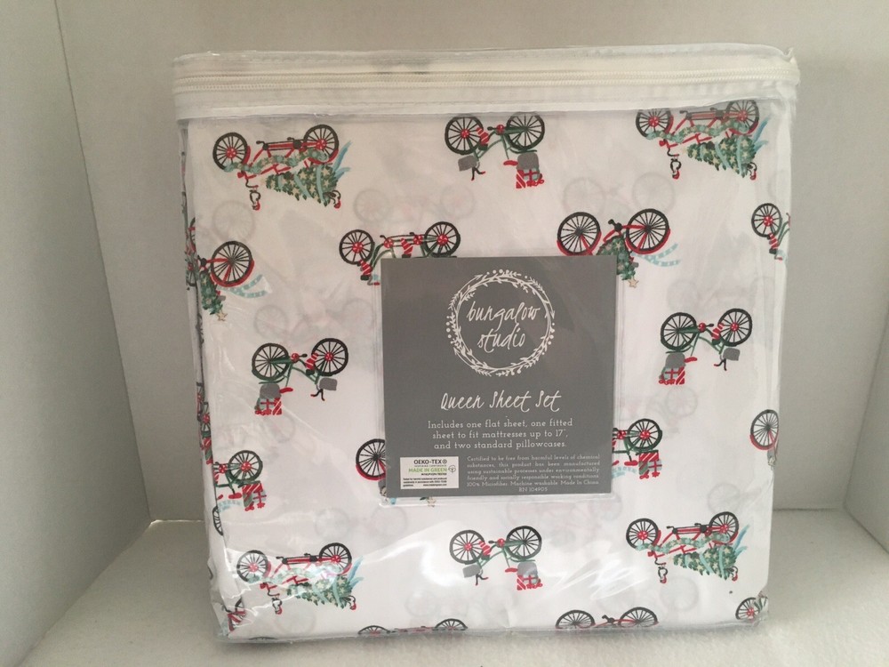 New Bungalow Studio Christmas Bicycles Queen Size Sheet Set White Microfiber
