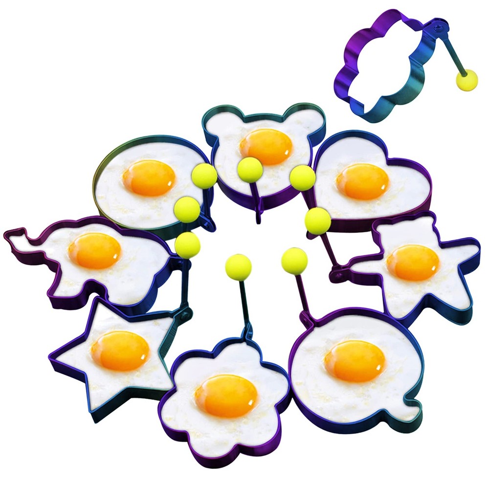 8 PCS Rainbow Fried Egg Rings Molds, Non Stick, Shaper, Pancake Maker, Handle
