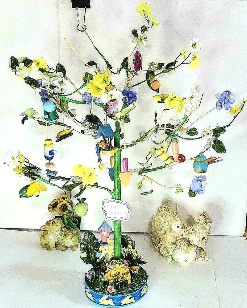 Vintage Easter "THINK SPRING" Tree With 21+ HAND PAINTED ORNAMENTS.  17" Tall