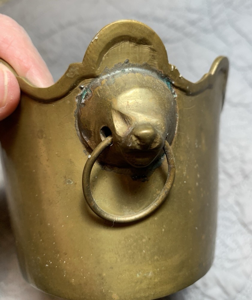 Vintage Solid Brass Planter Cachepot Lion Head Ring Crown Shape #F2